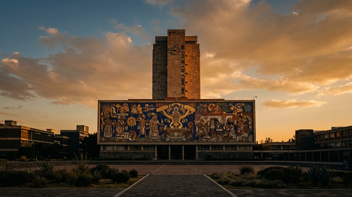 Biblioteca Central de Ciudad Universitaria, UNAM, con tratamiento duotono azul institucional